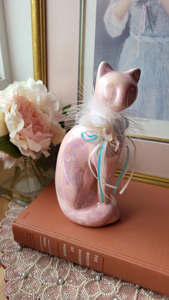 Vintage Pink Iridescent Glazed Ceramic Cat Figurine. Ribbon and Feathers Collar. Cat Lovers. Home Decor. - Etsy Vintage Pink Iridescent Glazed Ceramic Cat Figurine. Ribbon and Feathers Collar. Cat Lovers. Home Decor. - Etsy