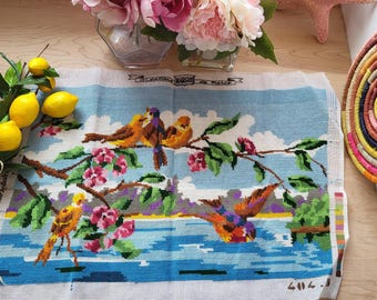 Large Vintage French Tapestry Canvas Hand Embroidered Finished Needle Birds Bird Wall Decor French Tapestry