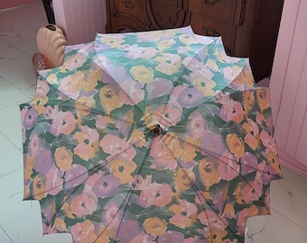Vintage 90s Floral Abstract Watercolor Print Umbrella Wooden Handle Brass Tip Top