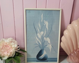 Vintage Set of 2 Postmodern 80s Framed Floral Vase Prints by