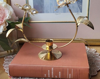 Vintage MCM Austrian Crystal Butterfly Candle Stick Holder, Mascot Inc Gold Butterly Candle Holder