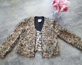 Veste femme Joseph Ribkoff 4 marron imprimé animal bouton manches longues Fuzzy EXC