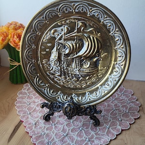 Vintage Embossed Brass Wall Plaque Sail Boat at Sea. Wall Decor.