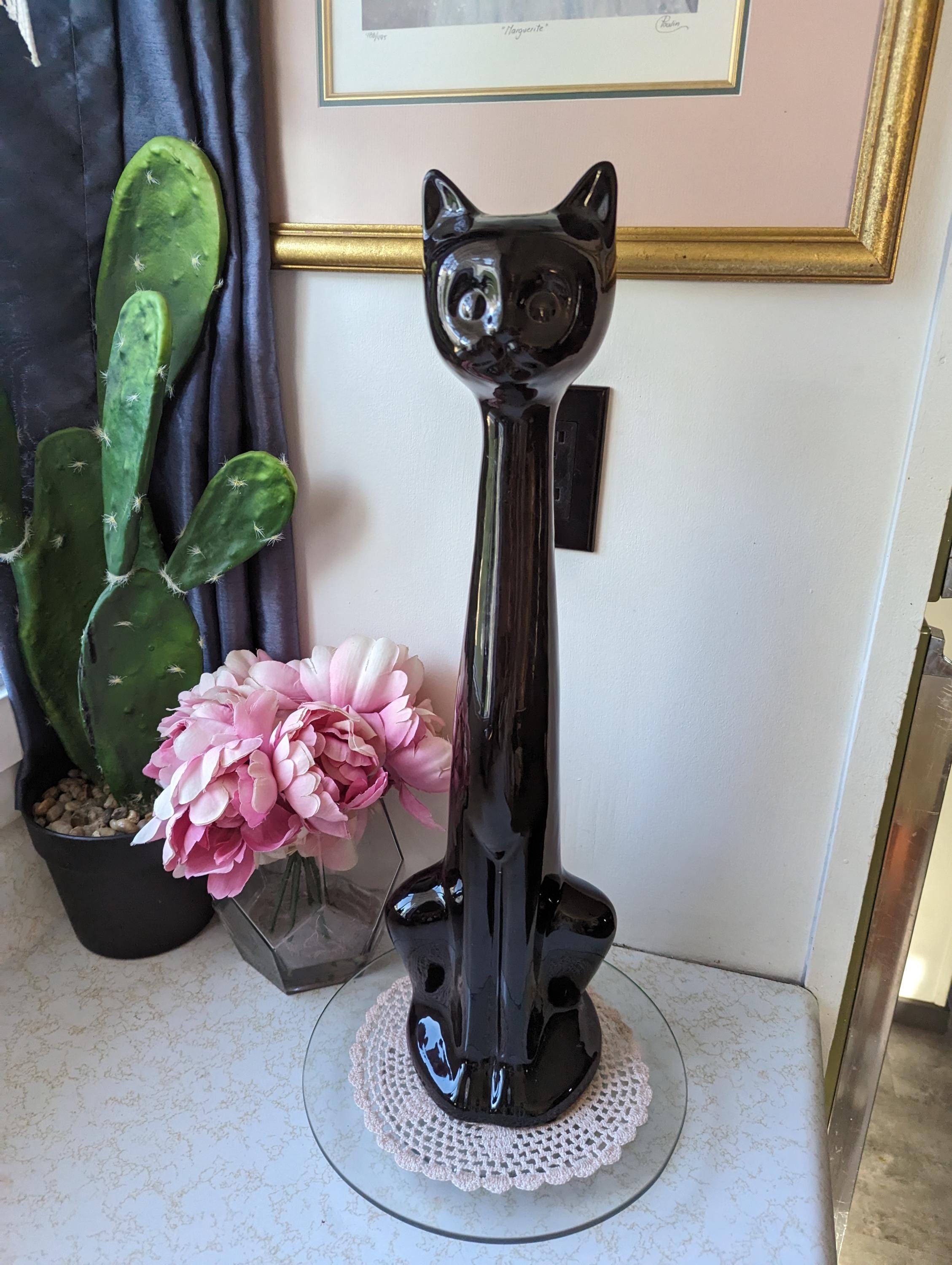Vintage Art Deco 80's Long Neck Cat Large Glazed Black Vintage Art Deco 80's Long Neck Cat Large Glazed Black