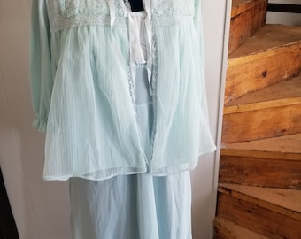 Vintage 60s Nightgown Set L Light Blue/ Green Chiffon, Nightie & Robe Set Allan Lingerie Nylon