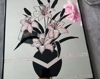 1980's Postmodern Art Mirror with Pink Flowers in Black Pottery Vase, Wall Mirror, Framed in Black Funky Mirror