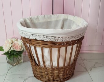Vintage Round Wicker Laundry Basket, White Wicker Basket, Large Basket with Lining, Farm House Decor, Coastal Decor