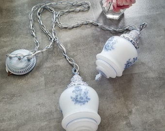 MCM Hollywood Regency French Country/ Farmhouse- Double Pendant Ceiling Light Fixture Blue & White Floral Glass Globe Light Circa 1950-1970s