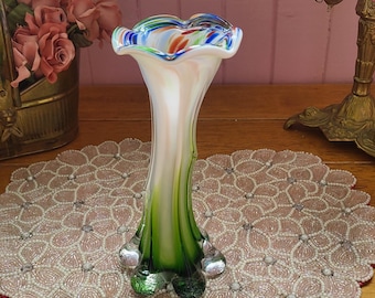 Vintage Hand Blown Cased Art Glass Vase White Green Ruffled Top Ground Colorful Flower Shapped