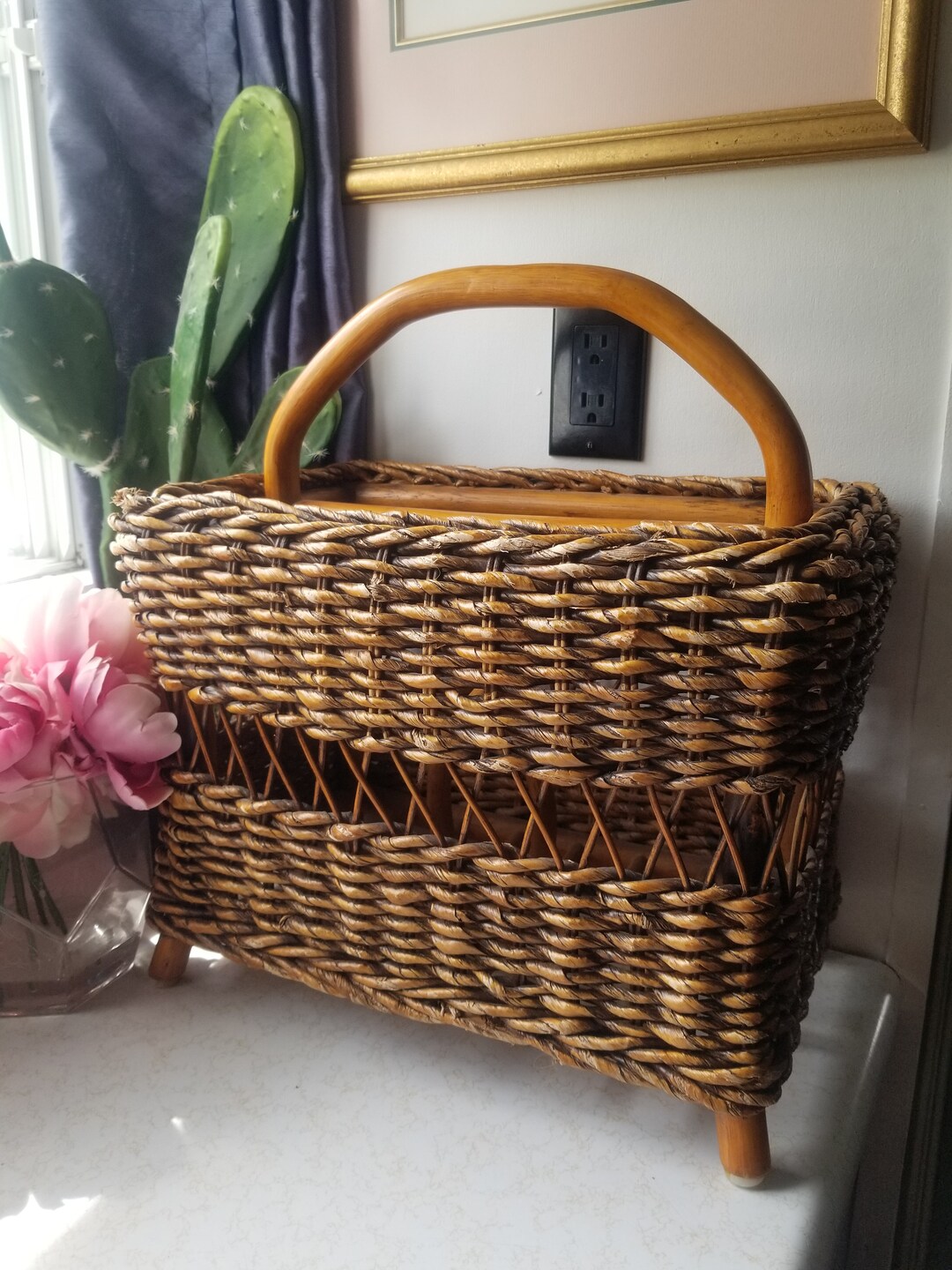 Vintage Retro Natural Wicker Magazine Rack Book Storage Vinyl Storage ...