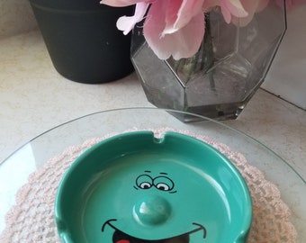 Vintage 90's Smiley Face 3D Nose Green Blue Aqua Ceramic Ashtray