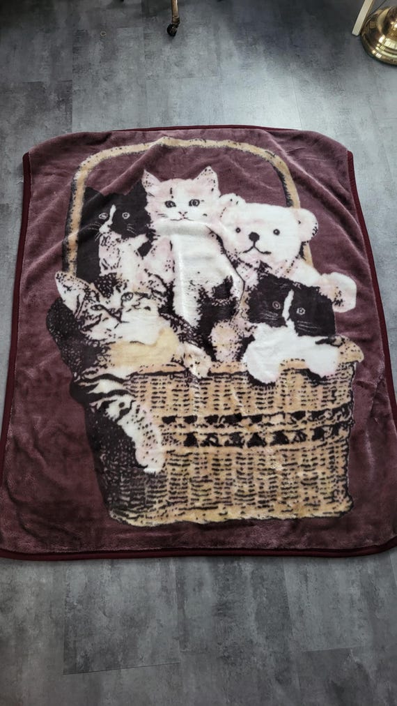 ヴィンテージ90年代 猫とテディベア柄 ブランケット フリース フル