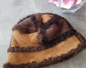 Vintage Veronique D'Aragon Sheepskin Patchwork Bob Hat Winter Hat Size 23" Leather Sherpa