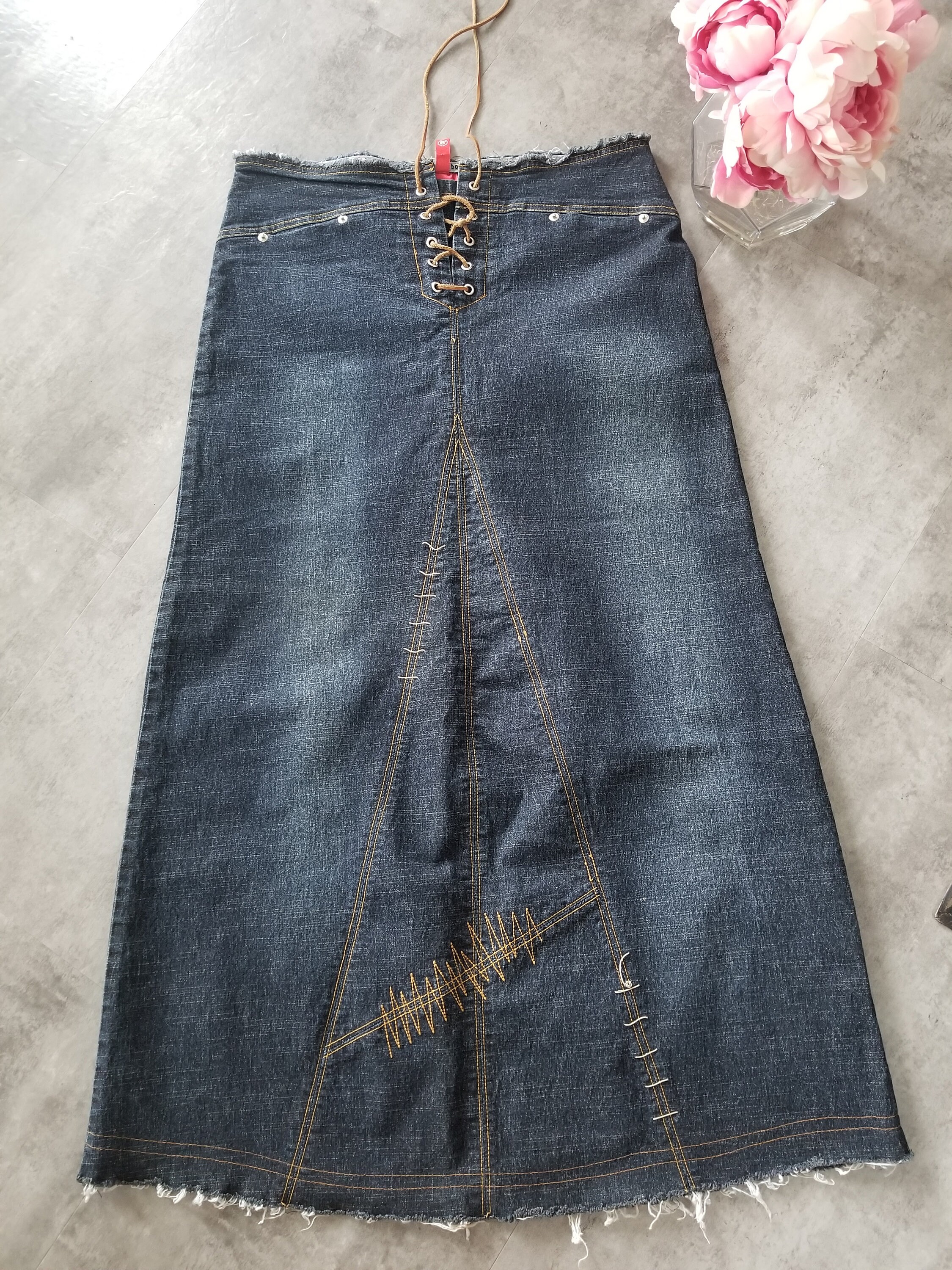 Jupe Longue En Denim Imprimé Psychédélique Jean Paul Gaultier - Printemps-Été 2000 - Taille 40 - Occasion TB