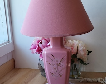 Vintage Pink Floral Glass Lamp – Flowers and Weat Pastel Lamp, 80s