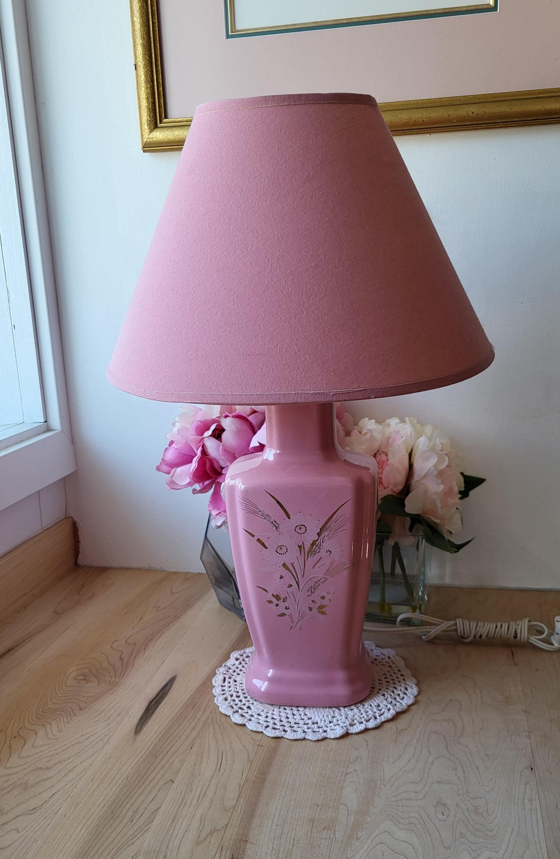 Vintage Pink Floral Glass Lamp – Flowers and Weat Pastel Lamp, 80s
