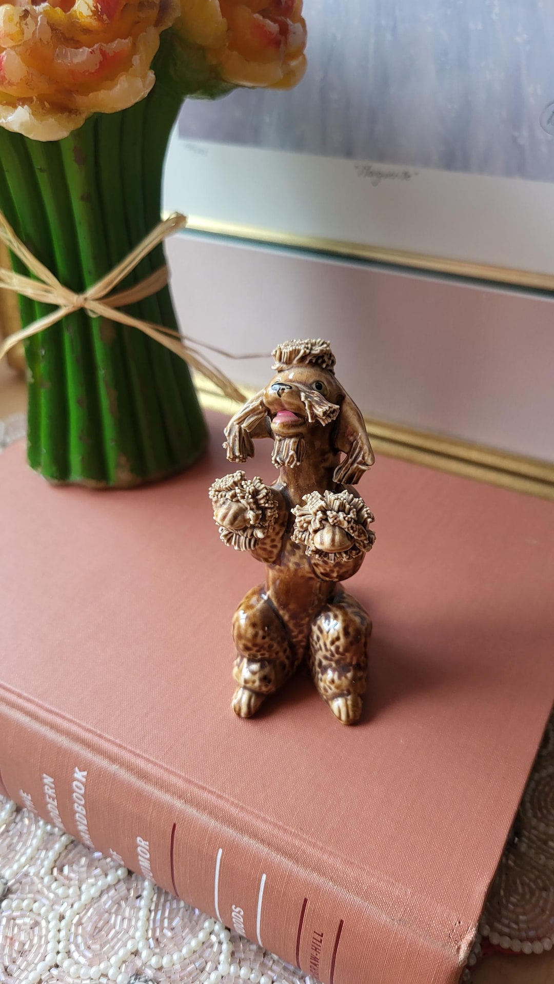 ヴィンテージブラウンスパゲッティプードル犬の置物かわいい装飾