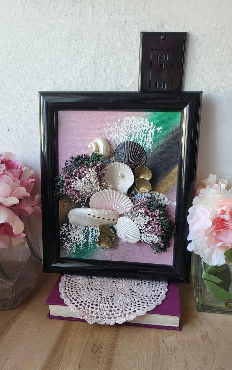 Vintage 80s Postmodern Seashell Canva Abstract Floral Pearl Beach Collage Black Wooden Frame 8X10 Shell