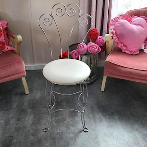 Vintage Art Deco metal vanity chair, dressing table chair, boudoir stool, Hollywood Regency, Mid-Century Modern, Tufted White Seat