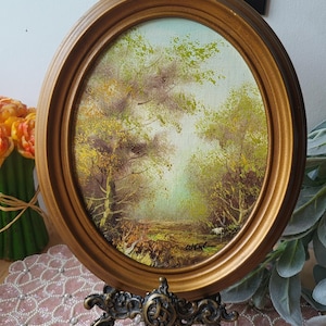 Original Oil Painting, Landscape Woods Nature, Framed Oval Painting, Vintage Art