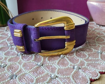 Vintage Purple Leather Belt, 80s New Wave Belt, Chunky Gold Tone Buckle, Retro maximalist style, corporate fashion look Size Small
