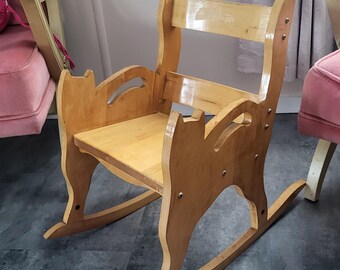 Vintage Children's Solid Wood Rocking Cat Chair. Antique Wood