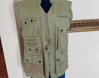 Vintage 80s Safari Utility Vest Multi Pocket, Gorpcore khaki gilet, safari fishing traveling hiking vest Made in Kenya