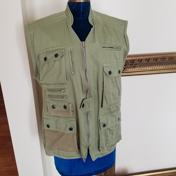 Vintage des années 80 Safari Utility Vest Multi Pocket, gilet Gorpcore kaki, gilet de randonnée de voyage de pêche safari fabriqué au Kenya