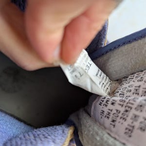 May include: Close-up of the inside of a blue shoe with a white tag that reads "TECT" and "THE CHALLENGE: BELIEVE IN THE TIME. HI-TECH SST POINT", and a black and white logo.