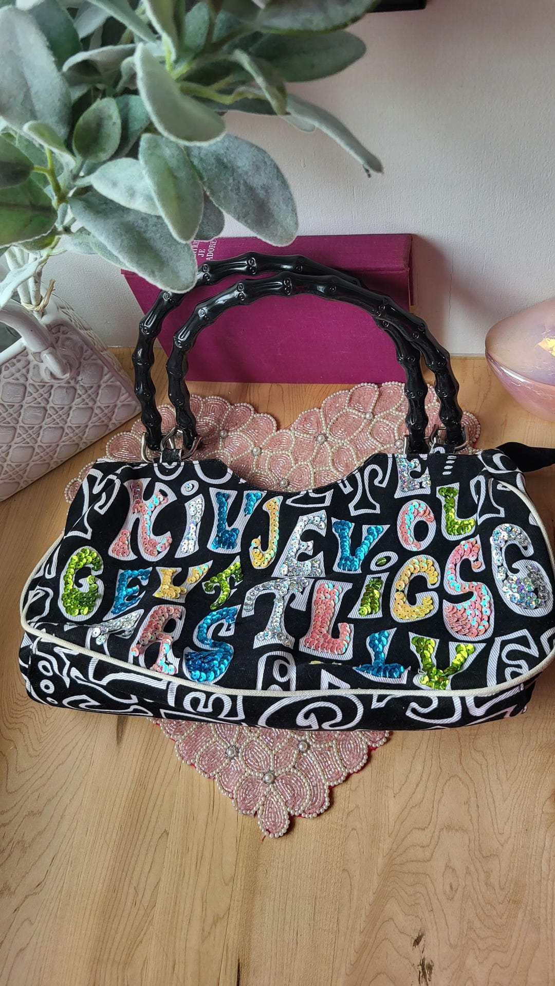Vintage Y2K Corduroy Purse Handbag With Black and White Letter