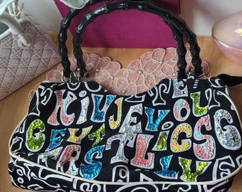 Vintage Y2K Corduroy Purse Handbag With Black and White Letter