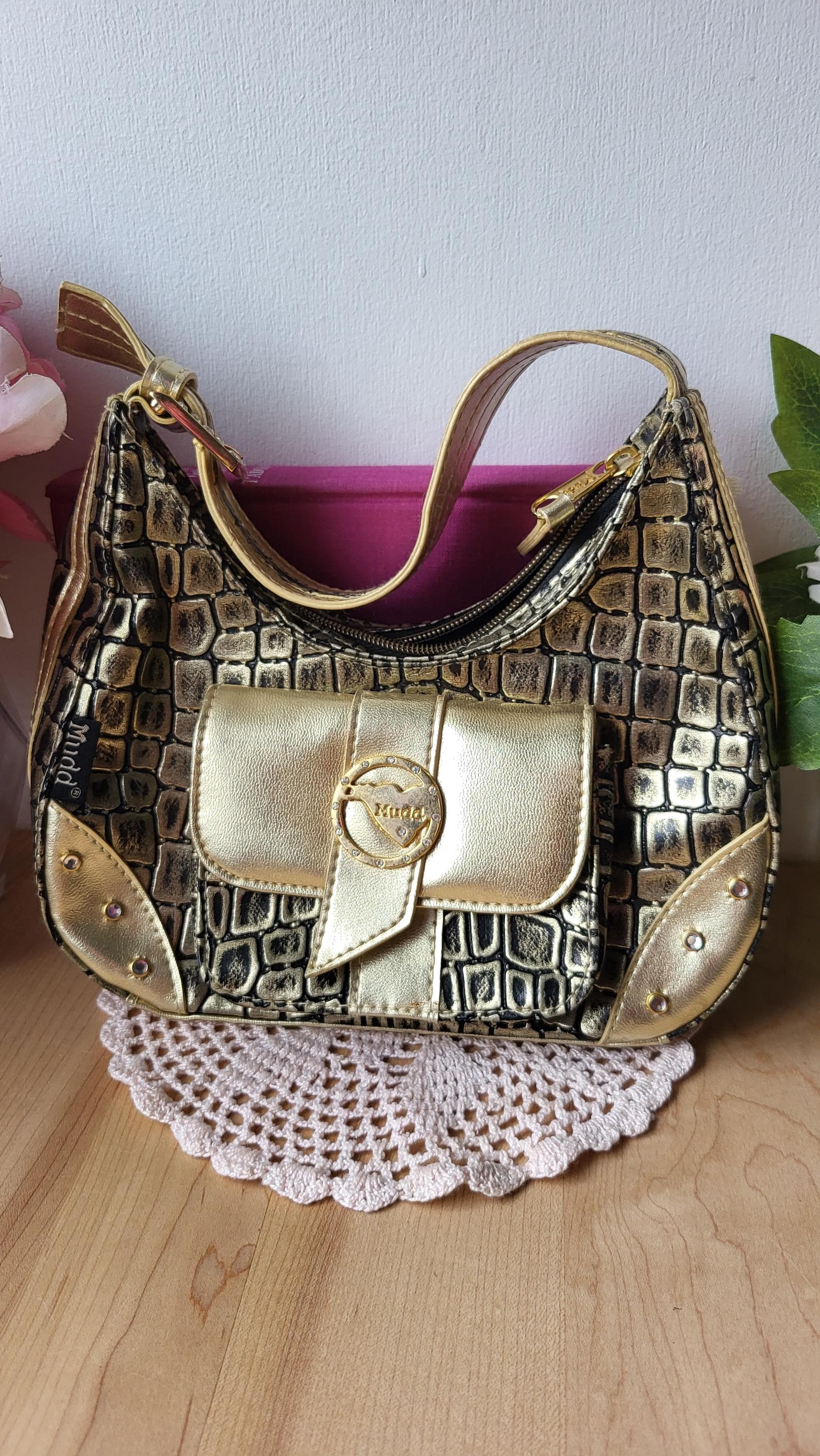 Y2K Mudd Mini Handbag Gold and Black With Rhinestones Faux Croc