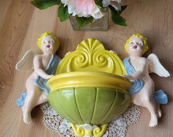 Jardinière murale vintage colorée en chérubin, 2 anges chérubins tenant un pot de fleur, décoration murale murale
