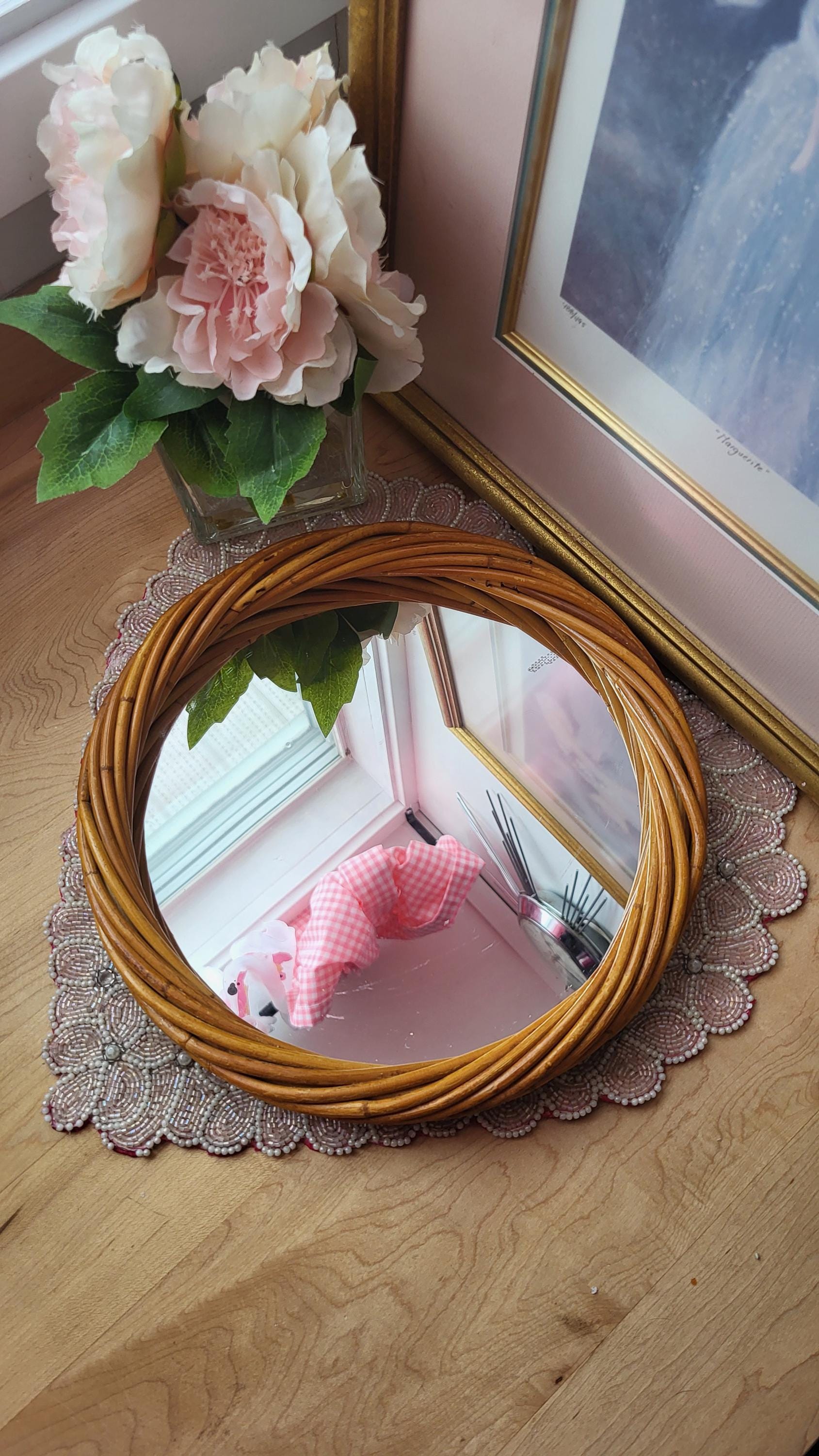 鏡 Vintage Rattern Mirror Vintage MCM Coastal Twisted Rattan Mirror Made in Germany RARE