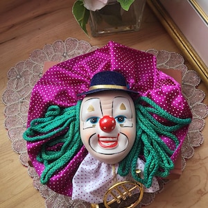 Vintage Large Ceramic Clown Face, Doll Head, Painted Face, Clown Collection, Decoration, Mardi Gras, Wall Hanging