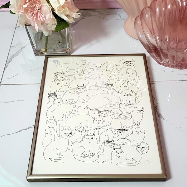 Vintage 80s Cat Doodles Whimsical cAts Art Hand Drawing Signed Cat Lover Minimalist Maximalist
