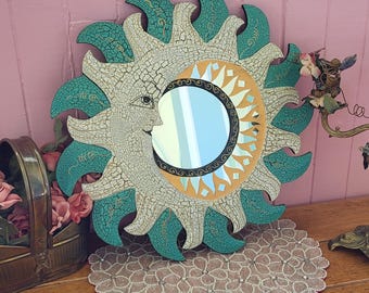 Vintage Wooden Celestial Sun & Moon and Stars Wall Mirror from Indonesia Bohemian wall Decor Mosaic Colourful 16"