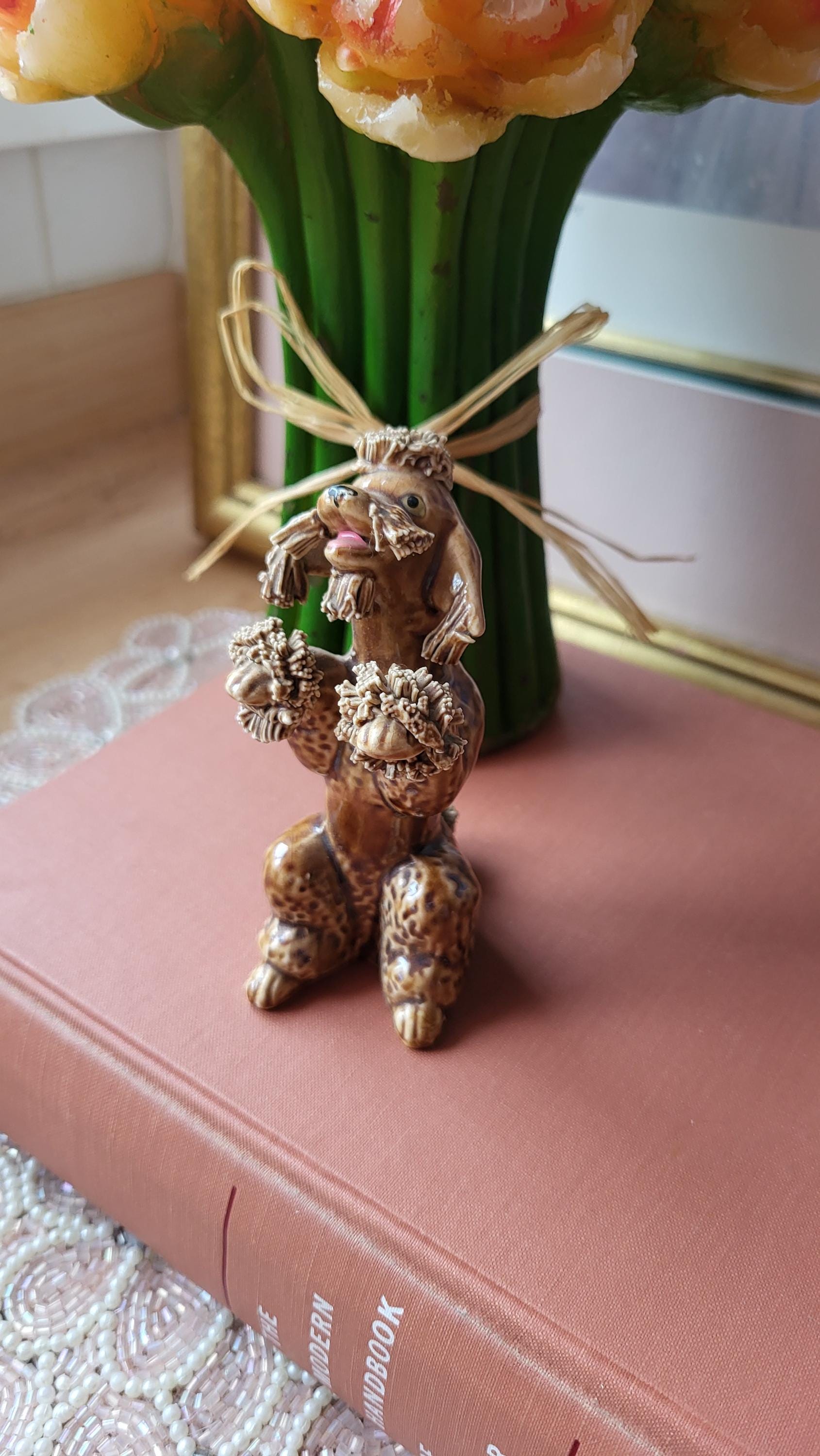 ヴィンテージブラウンスパゲッティプードル犬の置物かわいい装飾