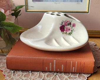 Vintage Bathroom Valet Ceramic Floral Toothbrush Holder Soap Dish.