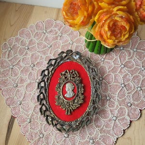 Vintage Victorian Paque Medallion Red Velvet Brass Bow Lady Bust Leaves