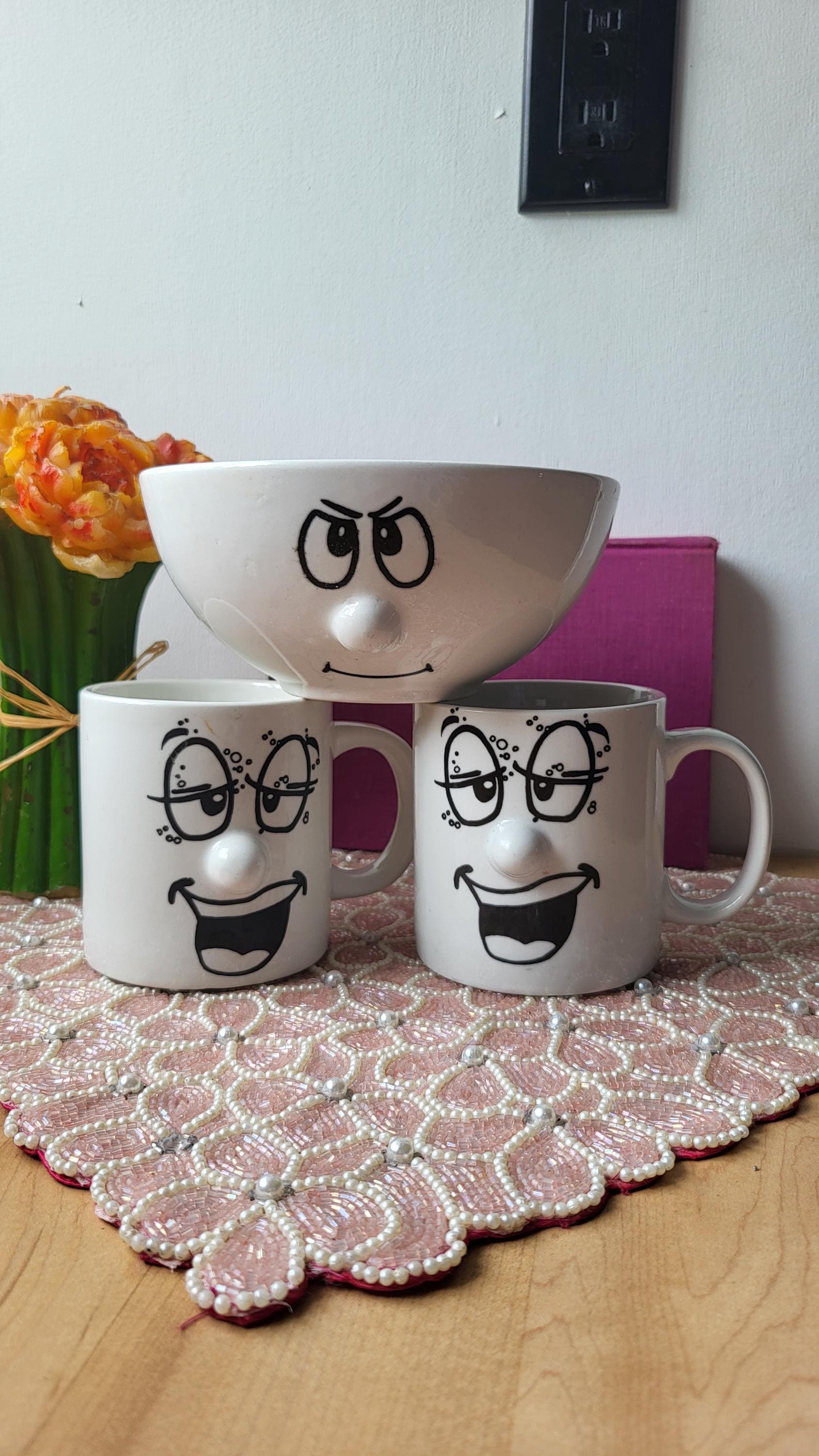 Vintage Set of 3 Smiley Face 3D Nose 2 Mugs and 1 Bowl 80's - Etsy