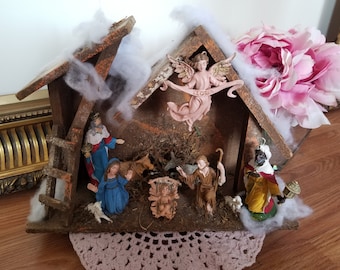 Vintage Nativity Scene Rustic Small Tabletop Christmas Decor Baby Jesus Crèche Holy Family Animals Wisemen Wooden Country Cottage