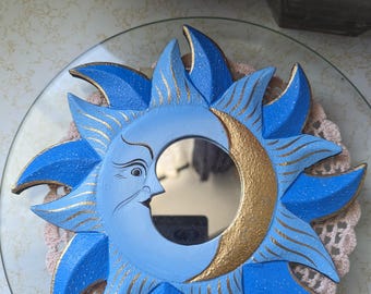 Vintage Wooden Celestial Blue & Gold Moon Mirror Crescent Shaped Moon New Gorgeous Indonesia