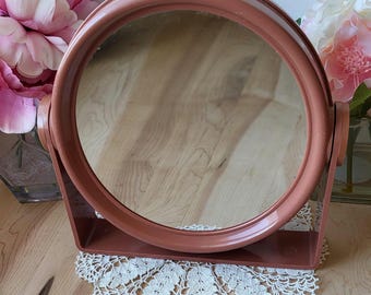 VINTAGE VANITY MIRROR - Vintage Large Pink Double Sided Magnifying Vanity Mirror with Mounted Made in Hong Kong