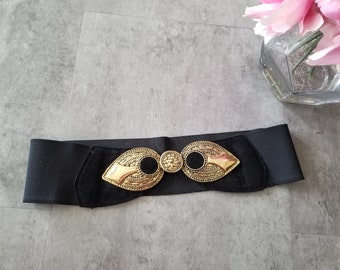 Vintage 80s Asymmetrical Black Leather Belt, Wide Waist Belt for Women, Gold Embellished Sash Belt, Adjustable Retro Waist Cincher