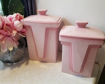 Vintage 80's Art Deco Revival Postmodern Pink Glazed Ceramic Containers Kitchen Storage Set of 2