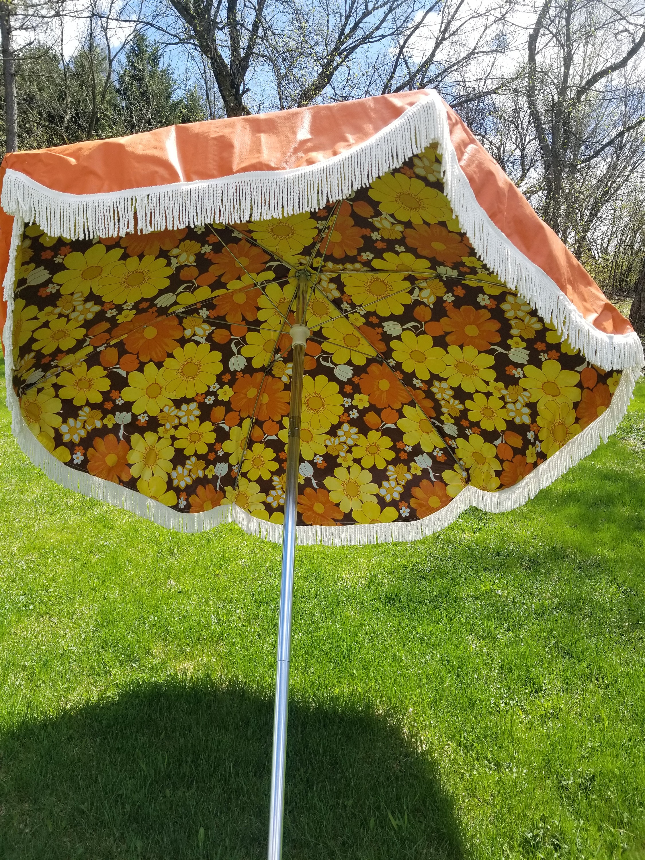 antique patio umbrellas Vintage 1974 Patio Umbrella Orange & Floral Scallop FRINGE Beach HUGE  Modern MCM Beach