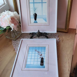 80s Art Deco Vase CVV Vianne アール・デコ 花瓶 Vintage Pair of 80's Art Deco Floral & Vase Illustration Framed
