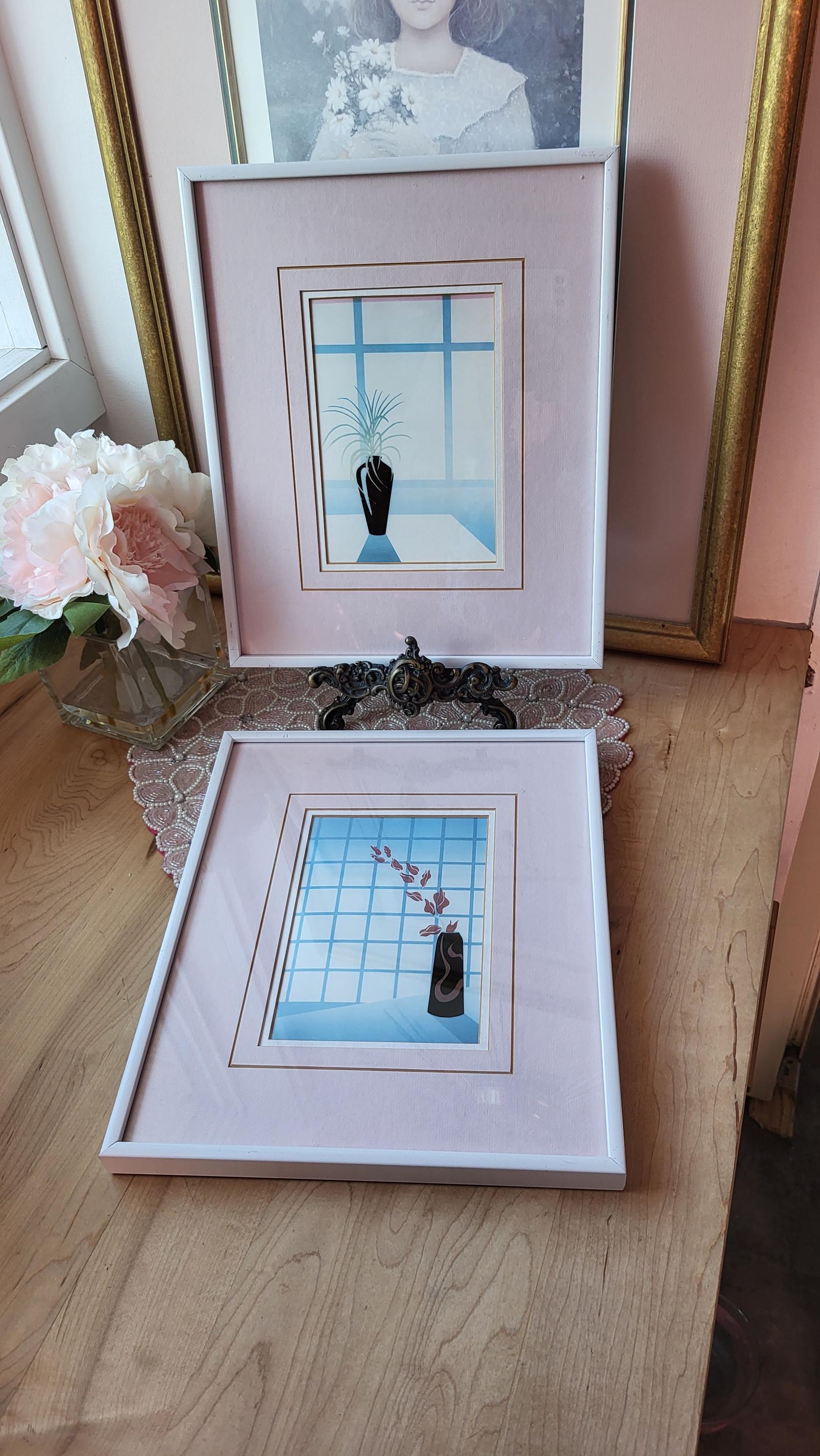 Vintage Pair of 80's Art Deco Floral & Vase Illustration Framed