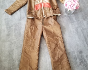 Vintage True 70's Ski Set Jacket and Overalls Brown Bronze Beige and Orange Size 18 for Kids Small